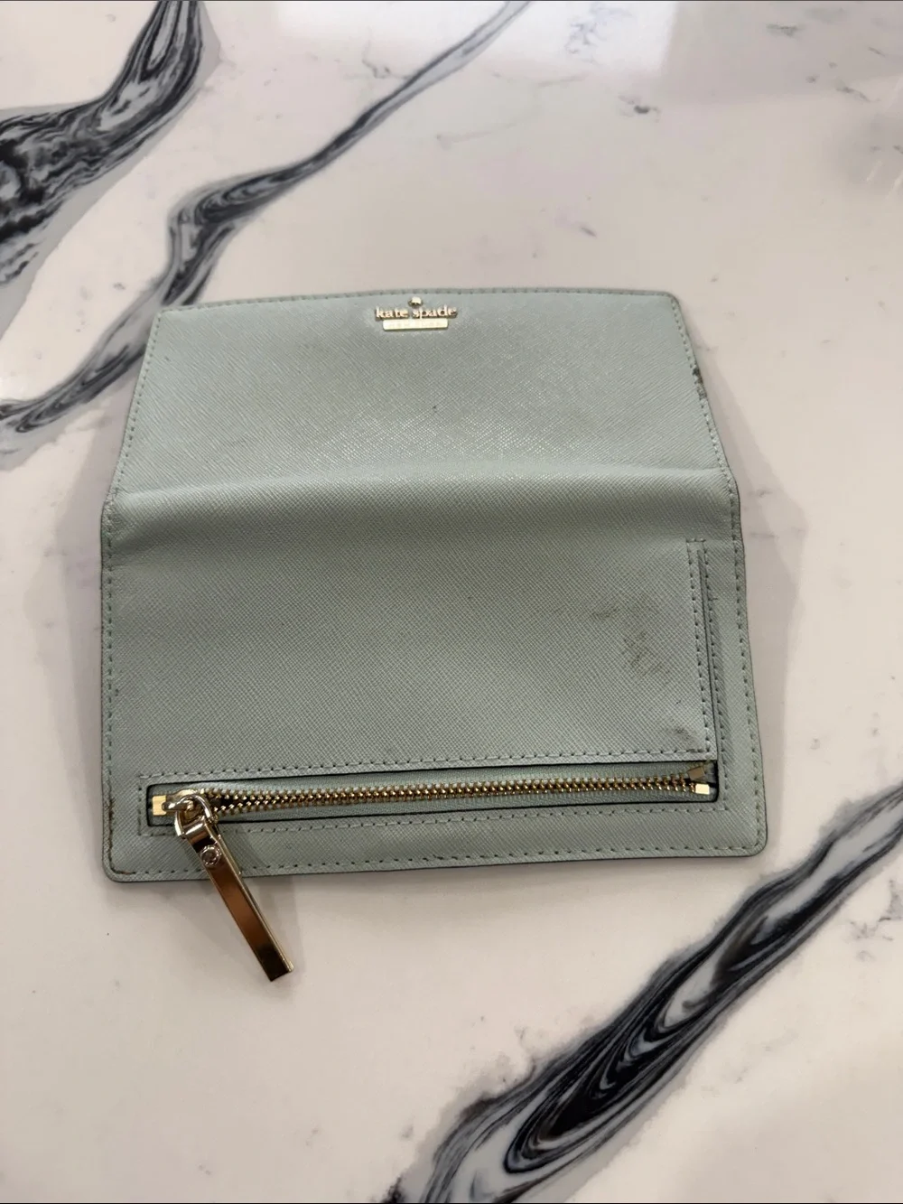 kate spade mint green wallet with gold logo